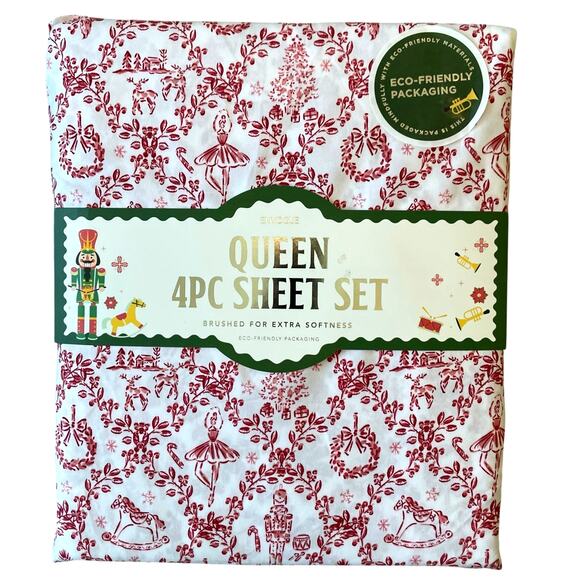 Envogue QUEEN 4pc Sheet Set Nutcracker Toile Christmas Bedding Red & White New - Picture 10 of 10